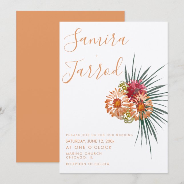 Botanical Floral Peach Hand Watercolor  Wedding Card (Front/Back)