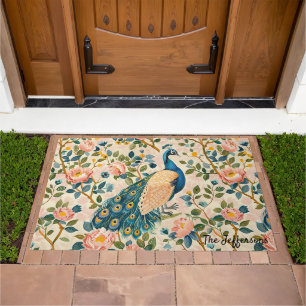 Botanical Floral Peacock Personalized Doormat