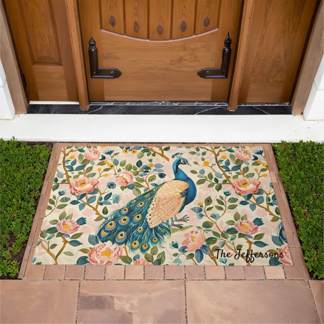 Botanical Floral Peacock Personalized Doormat (Outdoor)