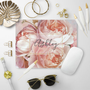 BOTANICAL FLORAL PEONY Name Monogram Mouse Pad