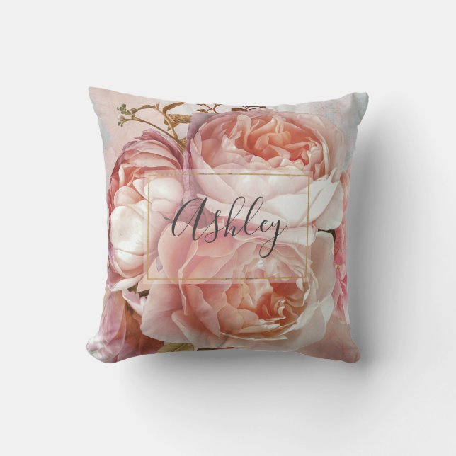 BOTANICAL FLORAL PEONY Name Monogram Throw Pillow (Front)