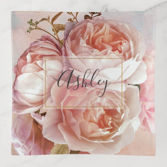 BOTANICAL FLORAL PEONY Name Monogram Trinket Tray (Front)