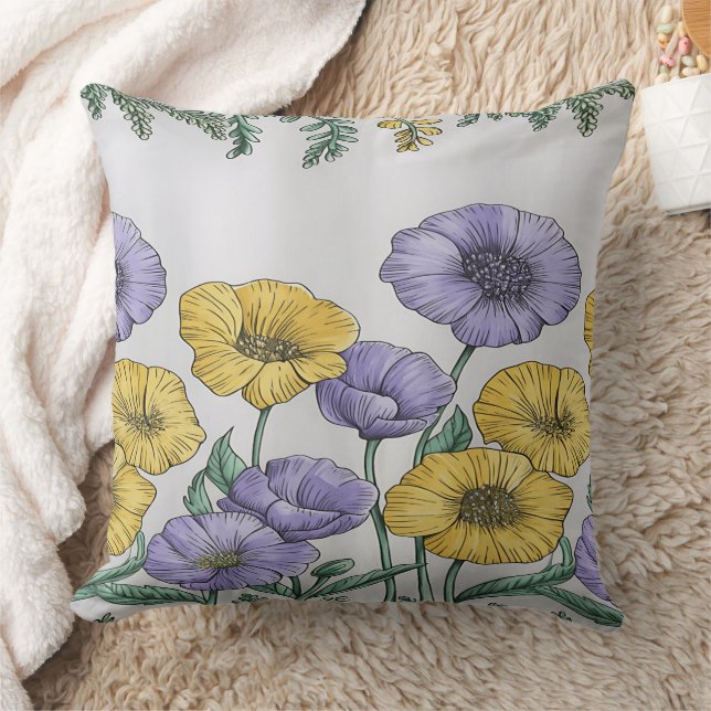 Botanical Floral Pillowcase – Purple & Yellow Hand Throw Pillow (Blanket)