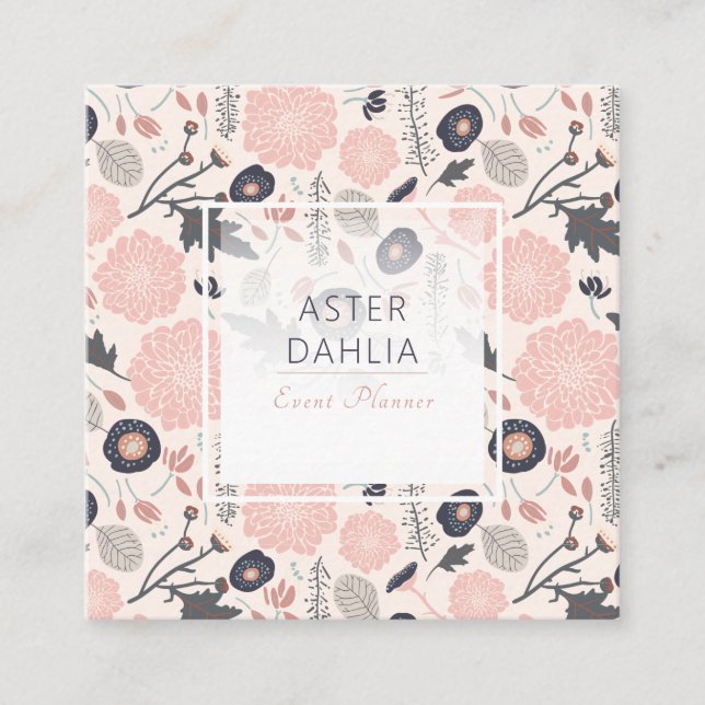 Botanical Floral Pink Gray Black Flowers Square Business Card (Front)