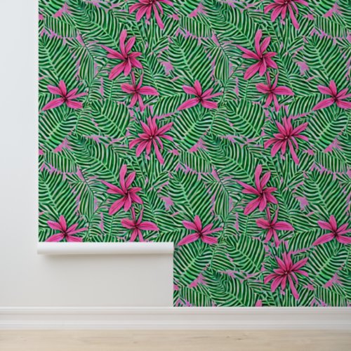 Botanical floral pink green tropical Hawaiian chic Wallpaper