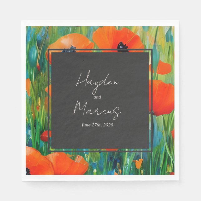Botanical Floral Poppy Wedding Napkins (Front)