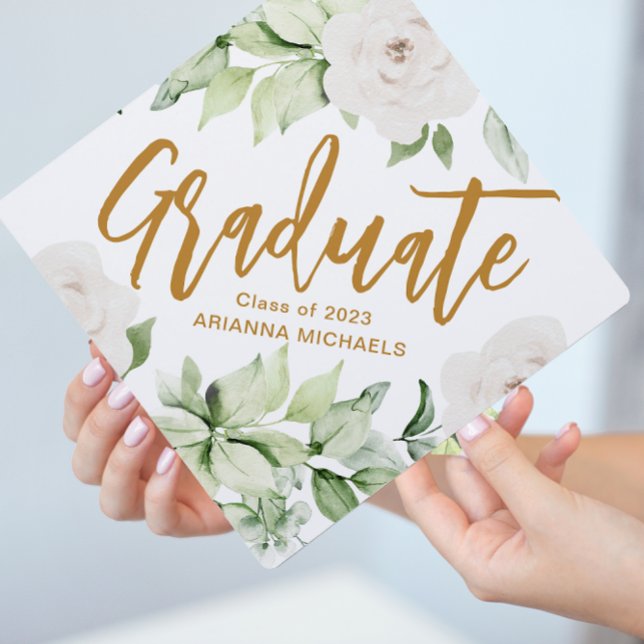 Botanical Floral Pretty Script with Name 2023 Graduation Cap Topper (Creator Uploaded)