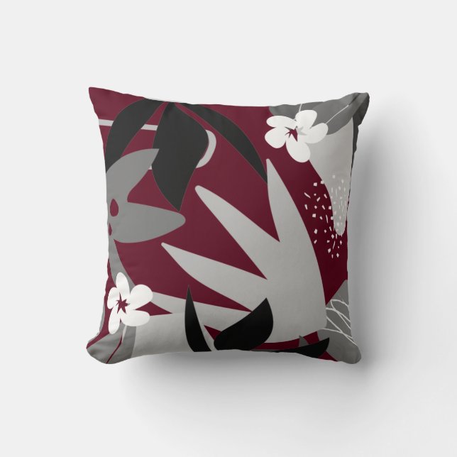 Botanical Floral Print Burgundy Throw Pillow (Front)