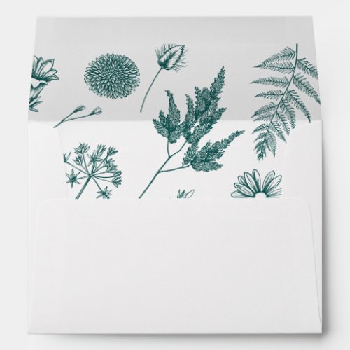 Botanical Floral print White  Dark Teal Envelope