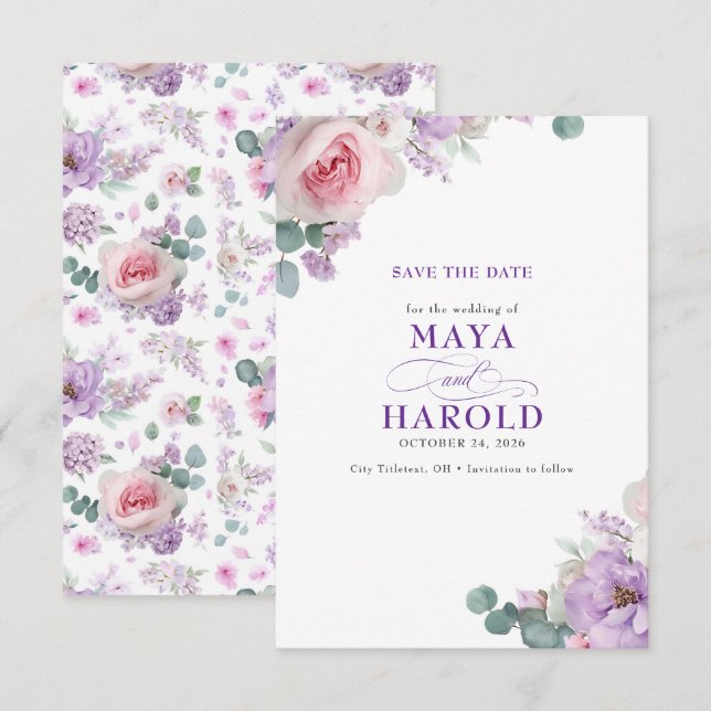 Botanical Floral Purple and Pink Save The Date (Front/Back)