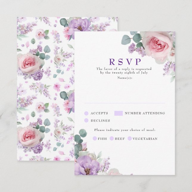 Botanical Floral Purple Pink Wedding RSVP Cards (Front/Back)