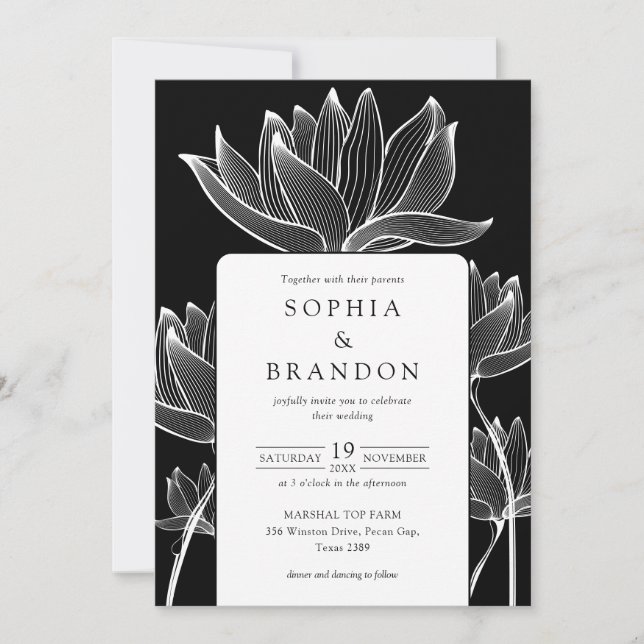 Botanical Floral QR Code Black And White Wedding Invitation (Front)