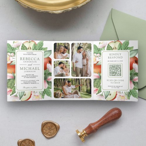 Botanical Floral Red Apple Orchard QR Code Wedding Tri_Fold Invitation