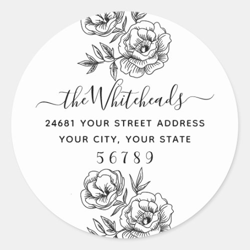 Botanical Floral Rose Outline Classic Round Sticker