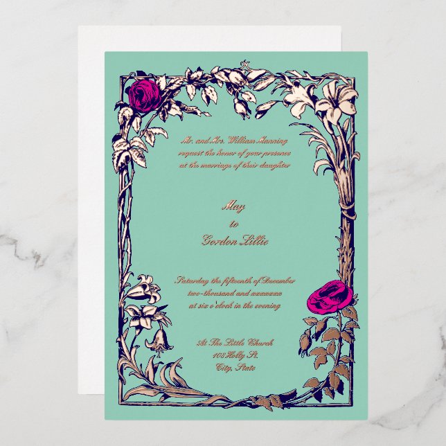 Botanical Floral Rose Vine Border Wedding Foil Invitation (Front/Back)