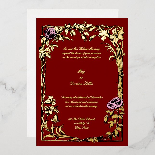 Botanical Floral Rose Vine Border Wedding Foil Invitation (Front/Back)