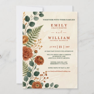 Botanical Floral Rust Terracotta Garden Wedding Invitation