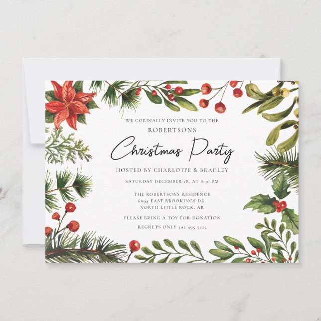 Botanical Floral Script Christmas Party Invitation (Front)