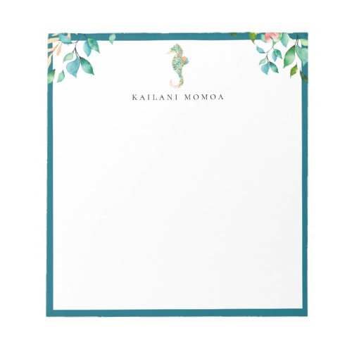 Botanical Floral Seahorse Logo Blue Frame Notepad