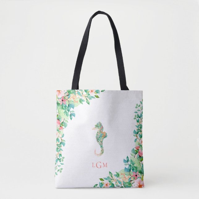 Botanical Floral Seahorse Monogram Tote Bag (Front)