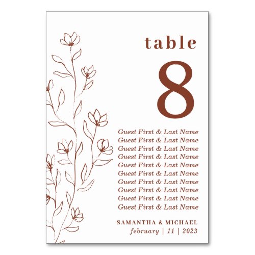 Botanical Floral Sketch Terracotta Seating Table Number