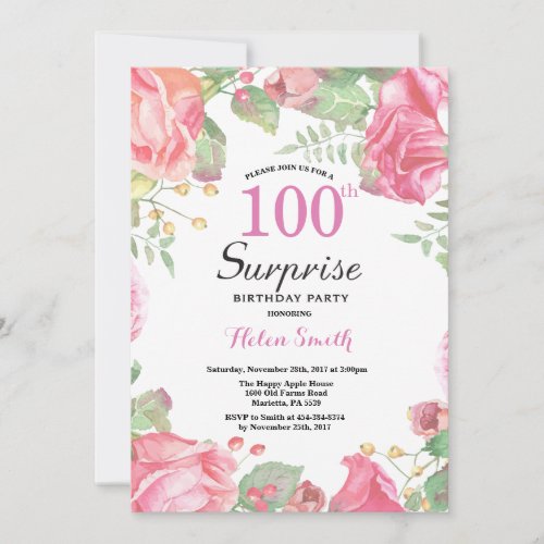Botanical Floral Surprise 100th Birthday Invitation