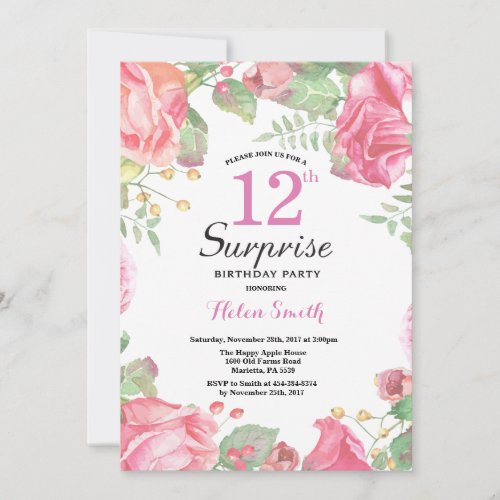 Botanical Floral Surprise 12th Birthday Invitation