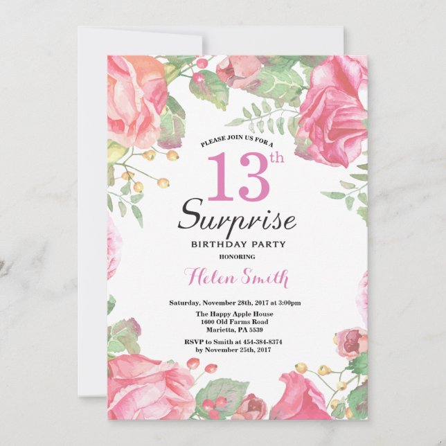 Botanical Floral Surprise 13th Birthday Invitation (Front)