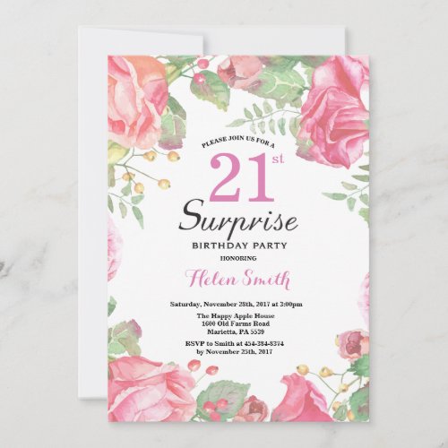 Botanical Floral Surprise 21st Birthday Invitation