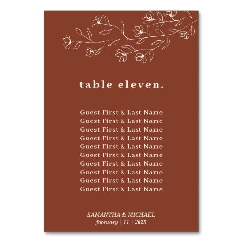 Botanical Floral Terracotta guests names seating Table Number
