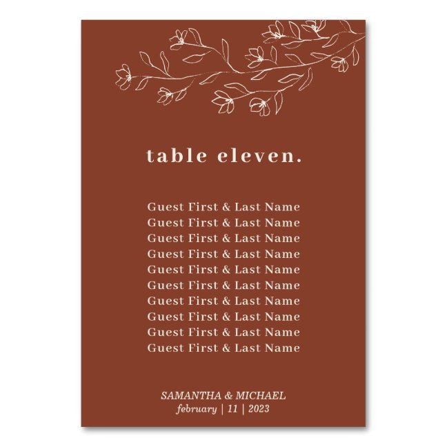 Botanical Floral Terracotta guests names seating Table Number