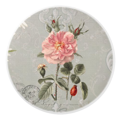 Botanical Floral Vintage French Blush Pink Roses  Ceramic Knob