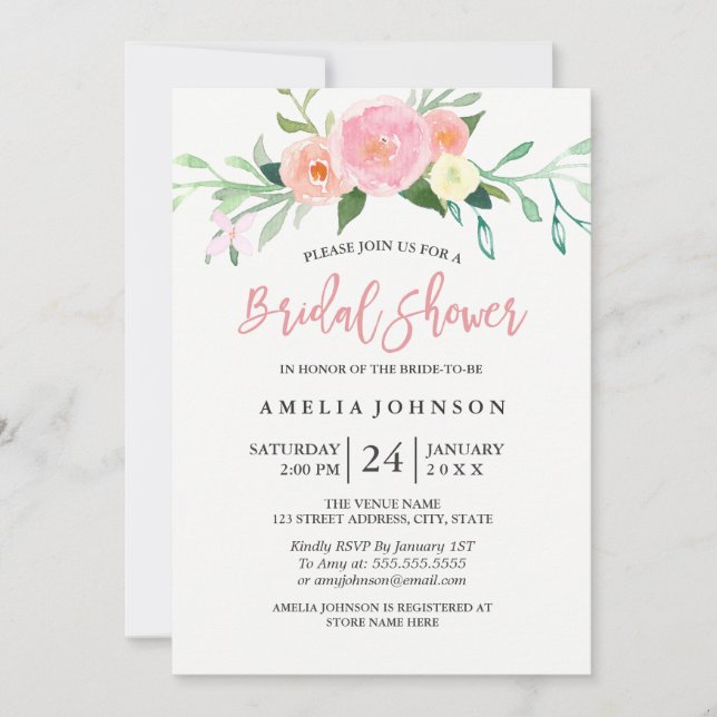 Botanical Floral Watercolor Bridal Shower Card (Front)
