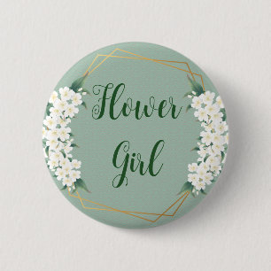 Botanical Floral White on Green Flower Girl Button