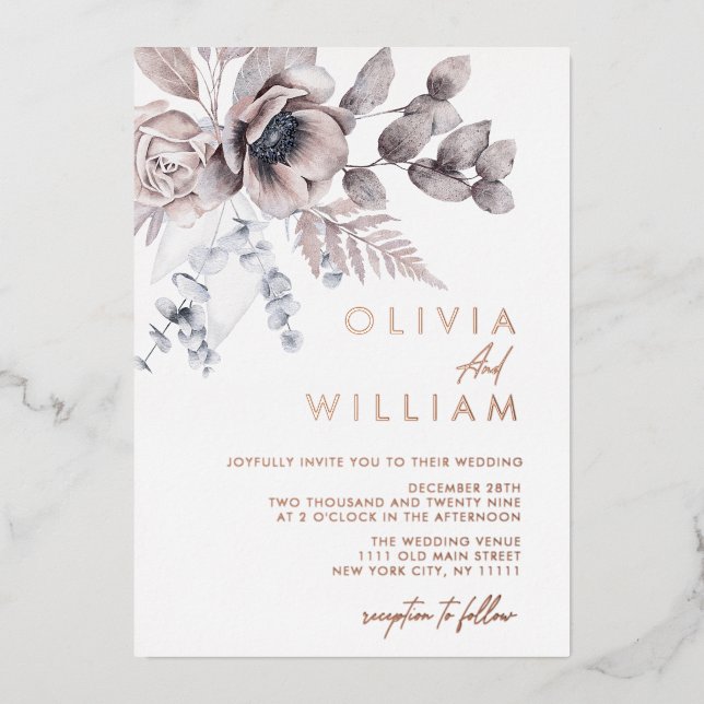 Botanical Floral Winter Christmas Holiday Wedding Foil Invitation (Front)