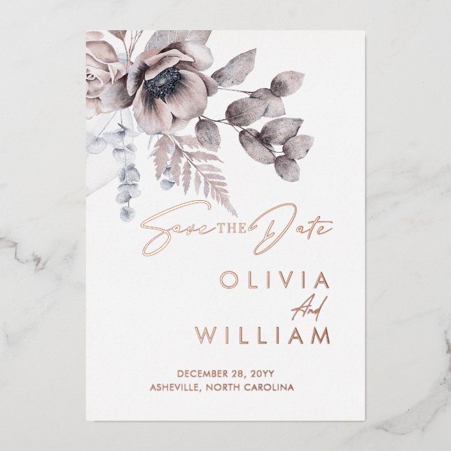 Botanical Floral Winter Christmas Save The Date Foil Invitation (Front)