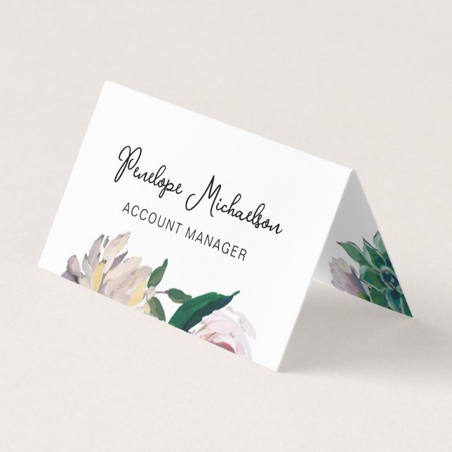 Botanical Floral with Pretty Script and QR Code Business Card (Front)