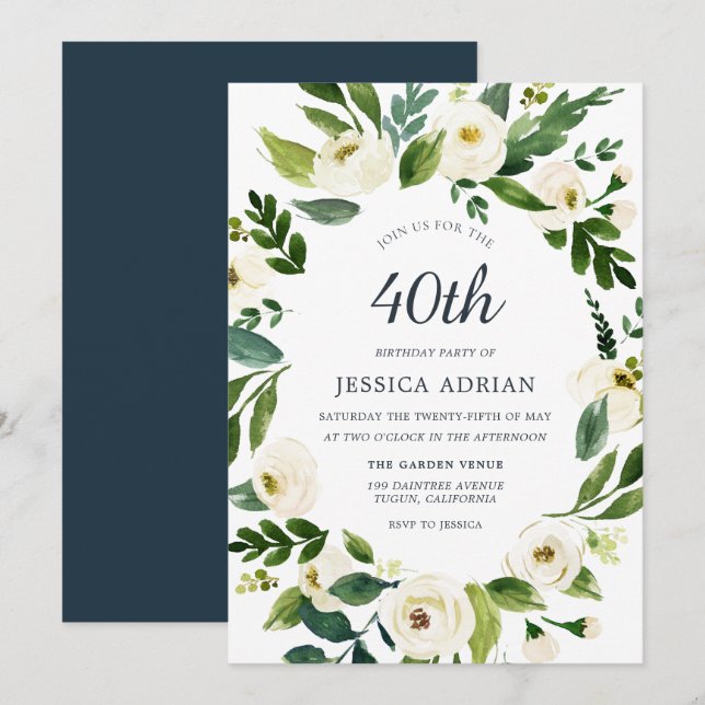 Botanical Floral Wreath 40th Birthday Party Invite (Front/Back)