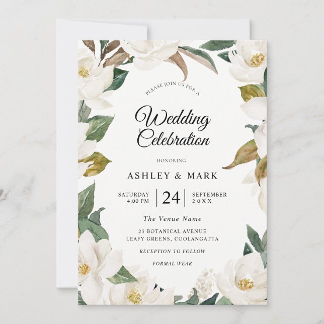 Botanical Floral Wreath White Flowers Wedding Invitation (Front)