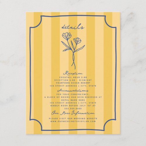 Botanical Floral Yellow Stripe Wedding Details Enclosure Card