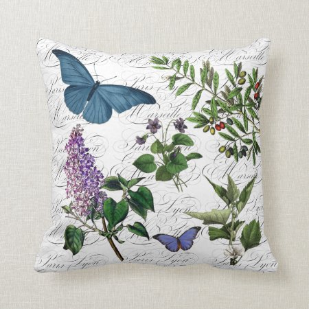 Botanical Flower Butterfly Pretty Paris Typography Throw Pillow