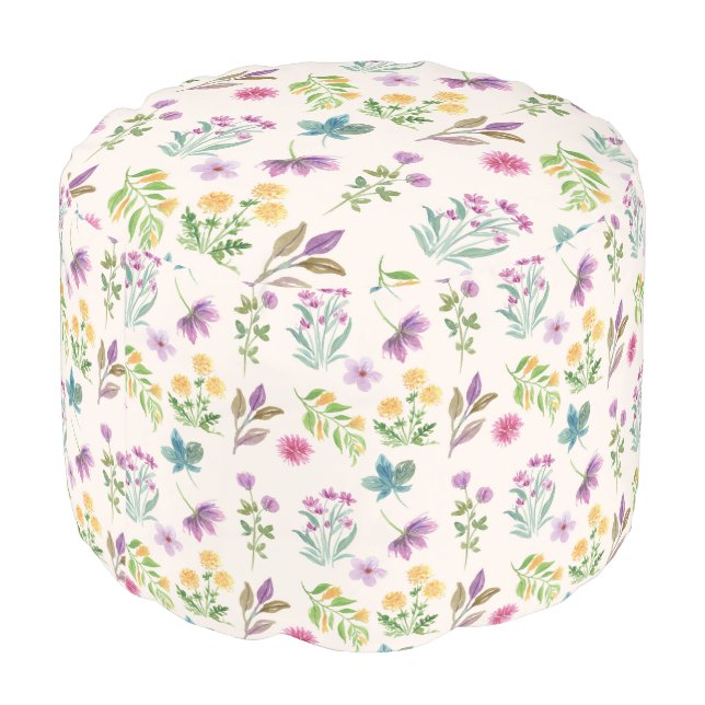 Botanical Flower Floral Pattern Round Pouf (Angled Back)