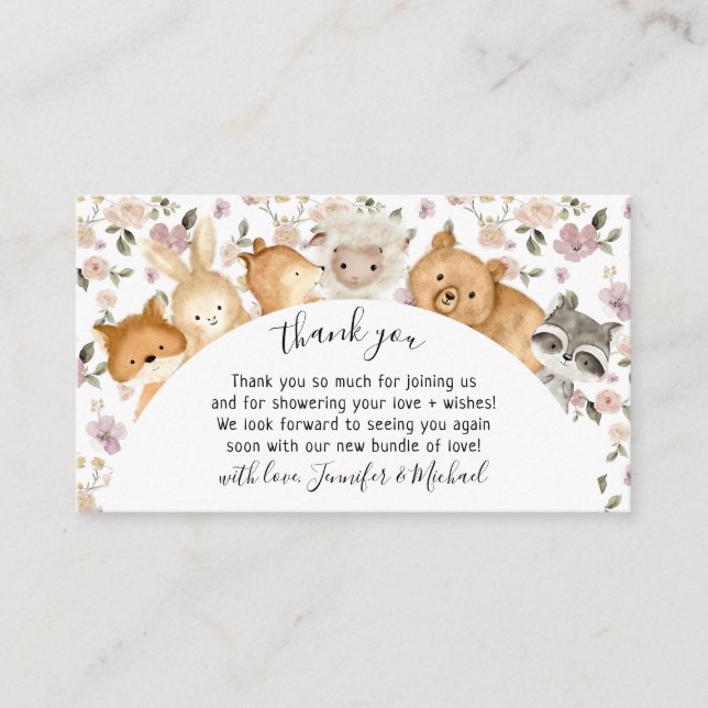 Botanical Flower Forest Baby Animals Thank You Enclosure Card (Front)