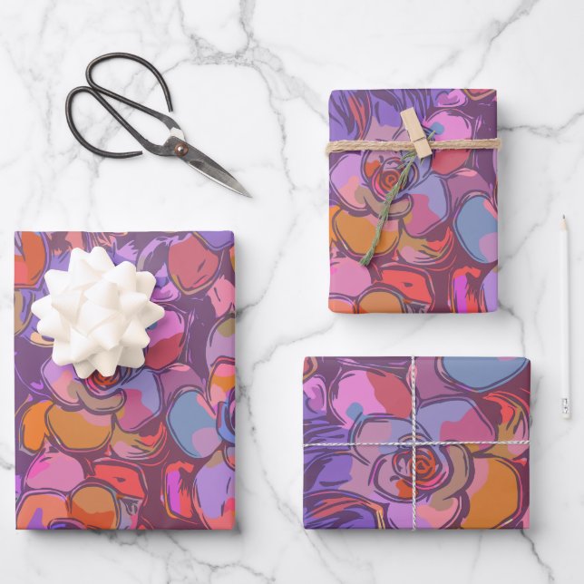 Botanical Flower Illustration Pattern in Purple  Wrapping Paper Sheets (Front)