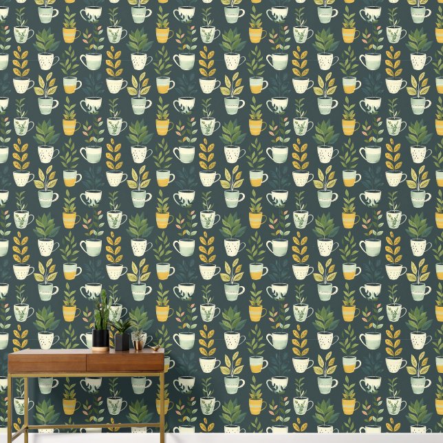 Botanical Flower Pots Plant Lovers Green Pattern Wallpaper (Hallway)