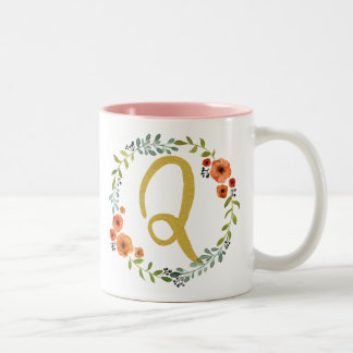 Botanical Flower Wreath Gold Monogram Initial Q Two-Tone Coffee Mug
