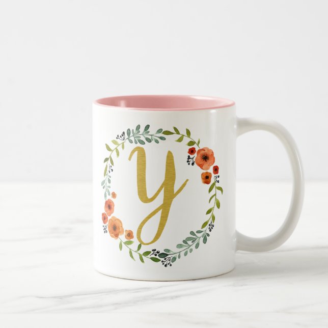 Botanical Flower Wreath Gold Monogram Initial Y Two-Tone Coffee Mug (Right)