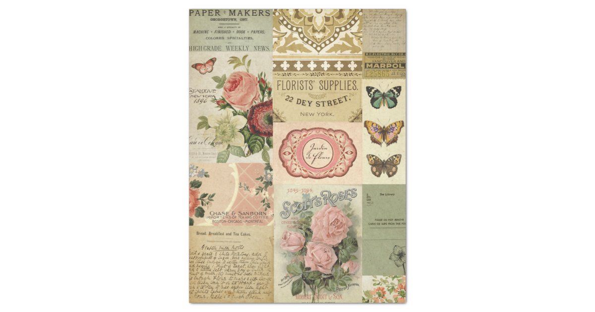 Botanical Flowers and Vintage Ephemera Decoupage Tissue Paper | Zazzle