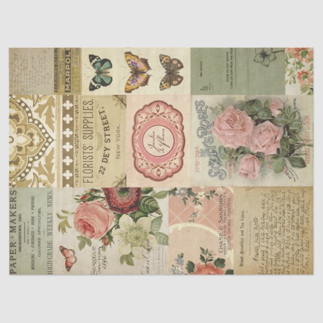 Botanical Flowers and Vintage Ephemera Decoupage Tissue Paper (Front)