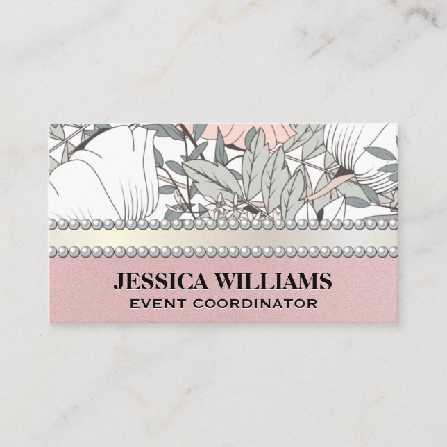 Botanical Flowers Arrangement | Pearls Business Card (Front)